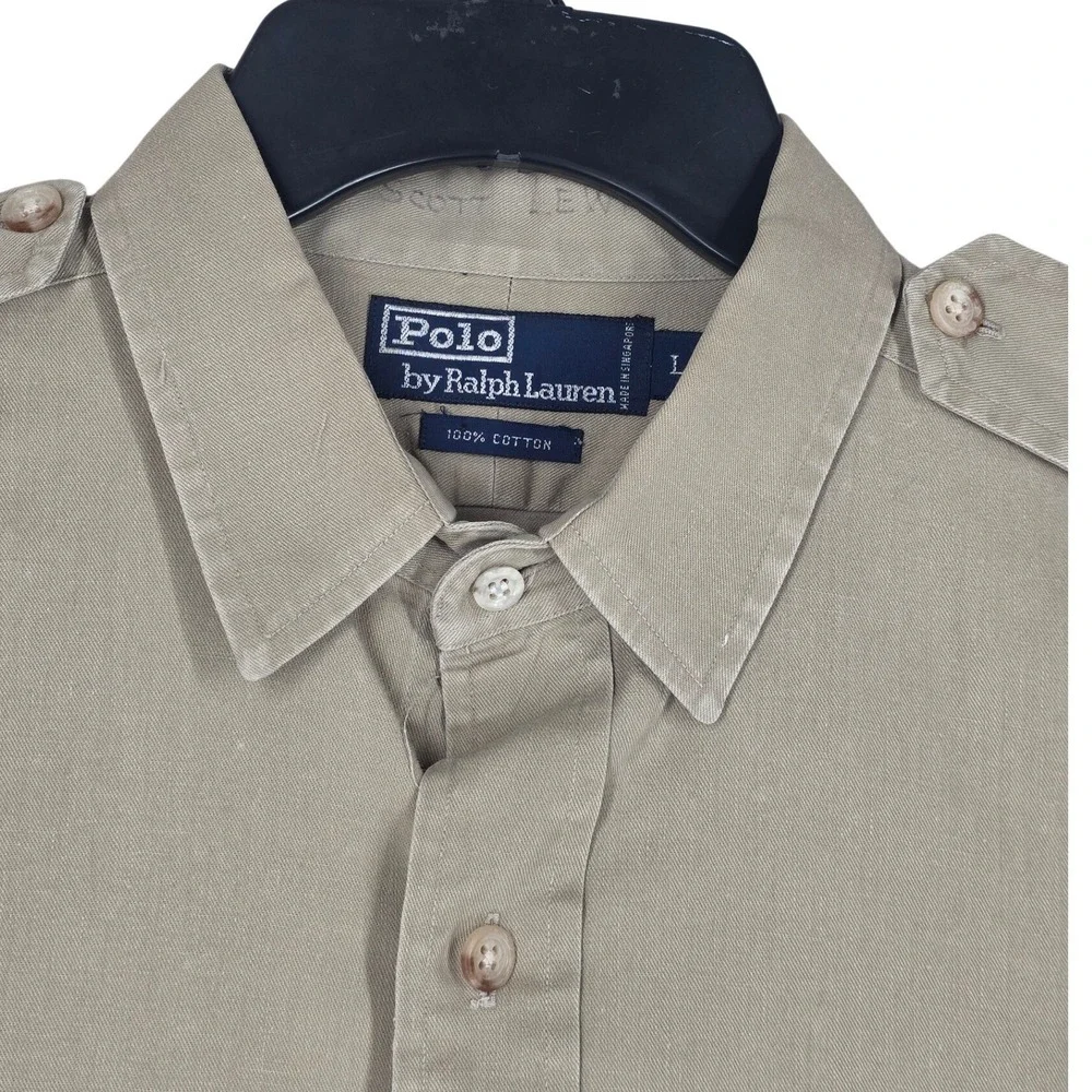 Vtg Y2K Polo Ralph Lauren Shirt Mens L Khaki Cotton Twill Safari Epaulette LS - Picture 5 of 11